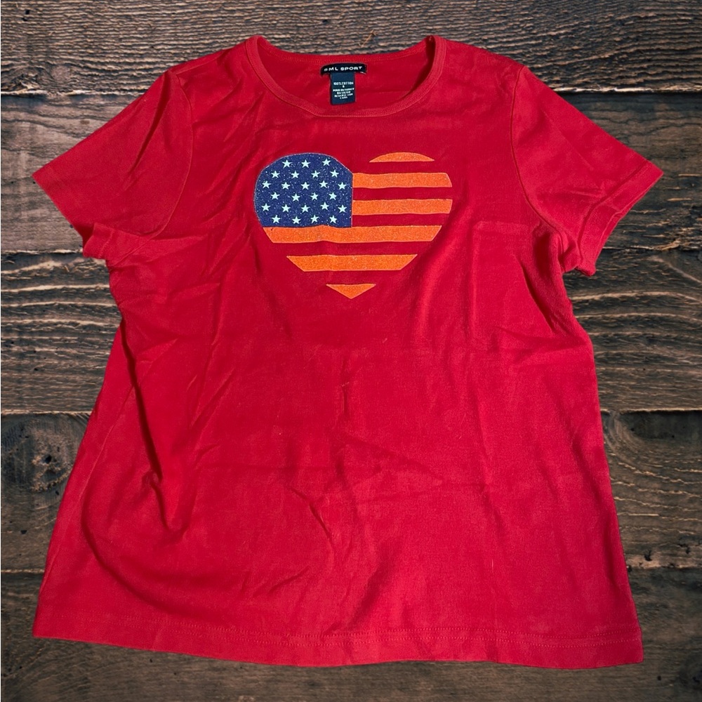SML Sport red Stars Stripes heart tshirt cotton size small glitter graphic tee - Picture 3 of 12
